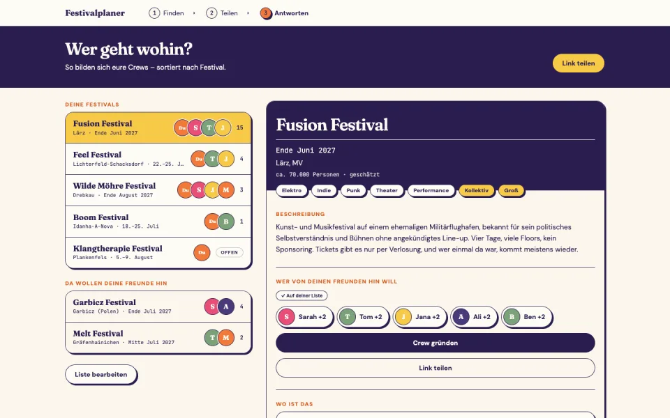 Example of the “Who's going where?” overview with festivals and friends